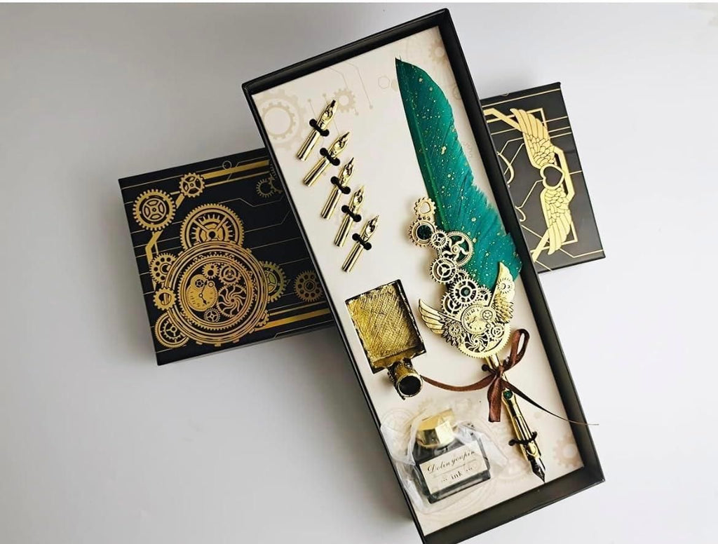 Vintage Steampunk Feather Calligraphy Pen Set